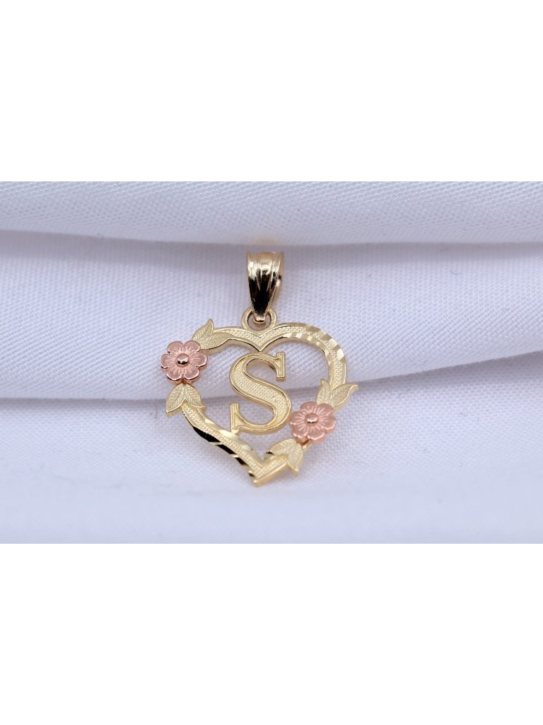 14k Two Tone Multi Color Gold Floral Initial Letter  S  Heart Charm Pendant